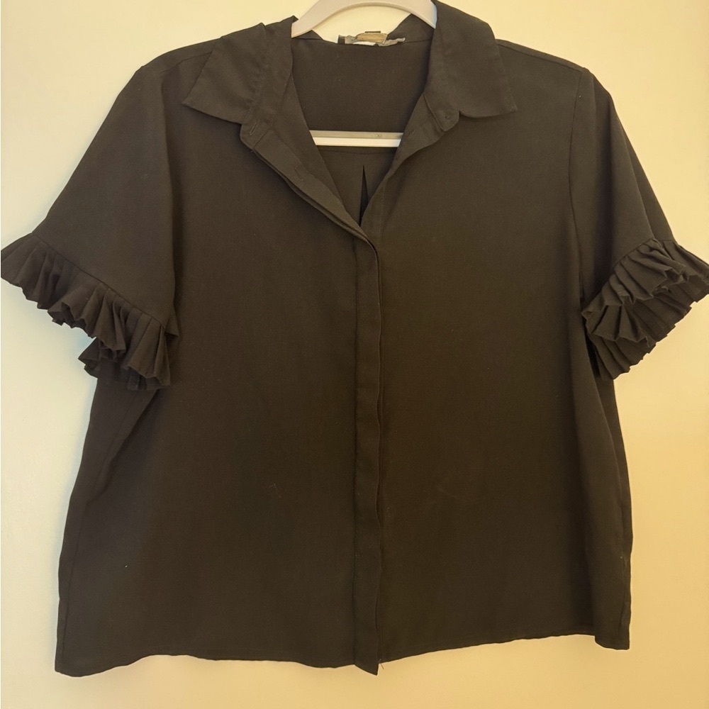 French Connection Black Ruffled Button Down Blouse